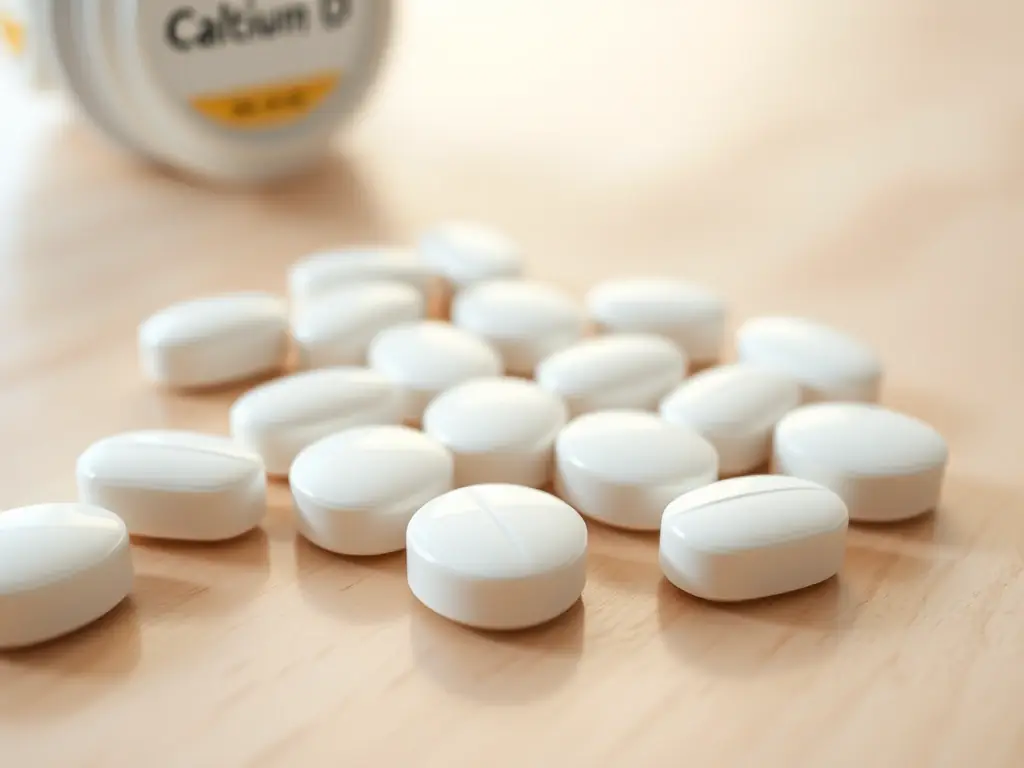 A close-up shot of Calcium and Vitamin D Tablets, highlighting their importance for maintaining strong bones and preventing osteoporosis in women.