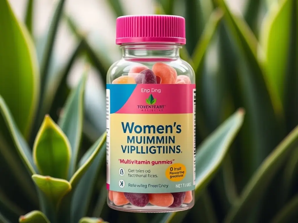 A woman in her 40s smiling and holding a bottle of Women's Multivitamin Gummies, emphasizing the ease and enjoyment of taking daily vitamins.