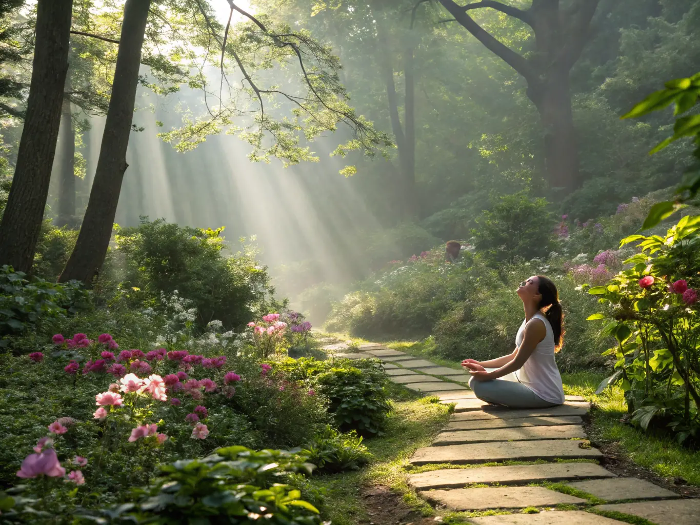 A woman meditating peacefully with a cup of Herbal Stress Relief Tea, showcasing the calming and stress-relieving benefits of the tea.